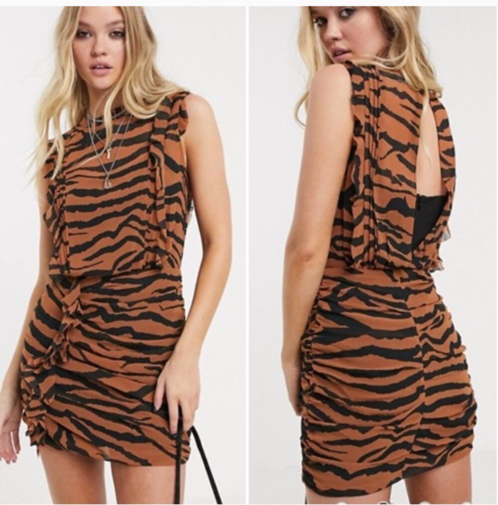 ALL SAINTS Hali Zephyr Zebra Print Mini Ruched Dress Womens 4